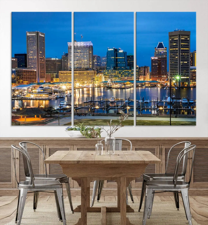 The "Baltimore City Lights Cityscape View Wall Art Canvas Print" graces the wall with its museum-quality craftsmanship and satin varnish. This masterpiece is ready to hang and brings an elegant touch to any space.