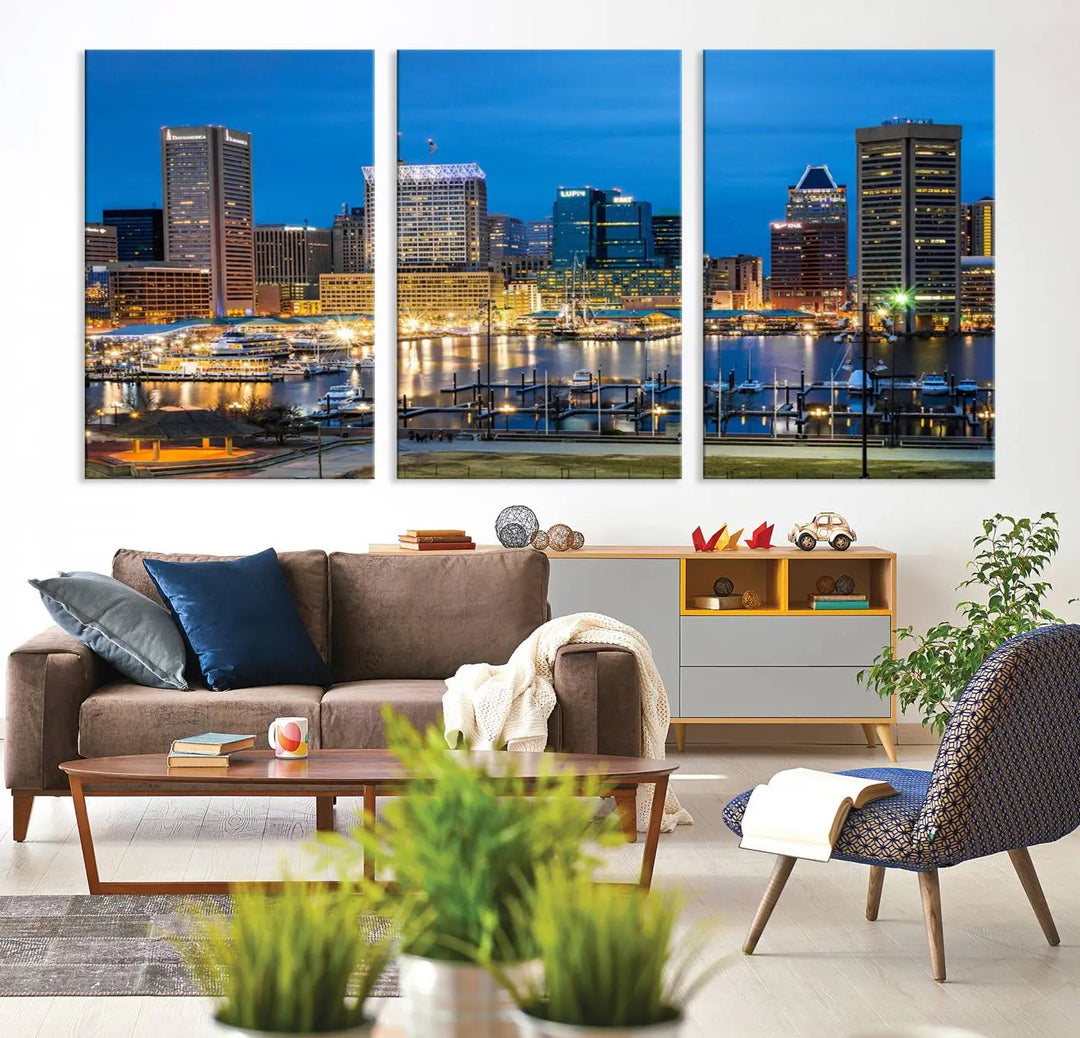 The "Baltimore City Lights Cityscape View Wall Art Canvas Print" graces the wall with its museum-quality craftsmanship and satin varnish. This masterpiece is ready to hang and brings an elegant touch to any space.