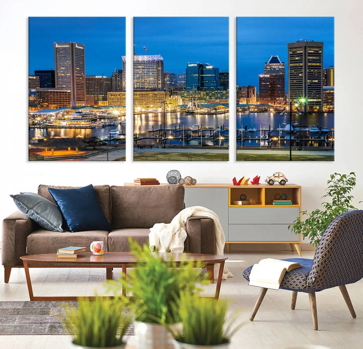 The "Baltimore City Lights Cityscape View Wall Art Canvas Print" graces the wall with its museum-quality craftsmanship and satin varnish. This masterpiece is ready to hang and brings an elegant touch to any space.