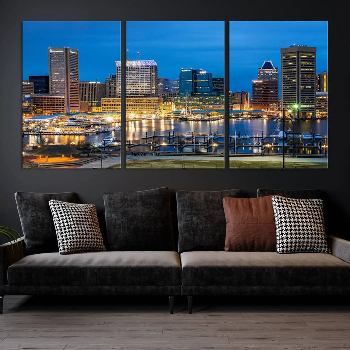 The "Baltimore City Lights Cityscape View Wall Art Canvas Print" graces the wall with its museum-quality craftsmanship and satin varnish. This masterpiece is ready to hang and brings an elegant touch to any space.