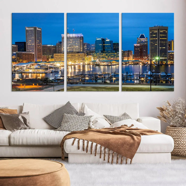 The "Baltimore City Lights Cityscape View Wall Art Canvas Print" graces the wall with its museum-quality craftsmanship and satin varnish. This masterpiece is ready to hang and brings an elegant touch to any space.