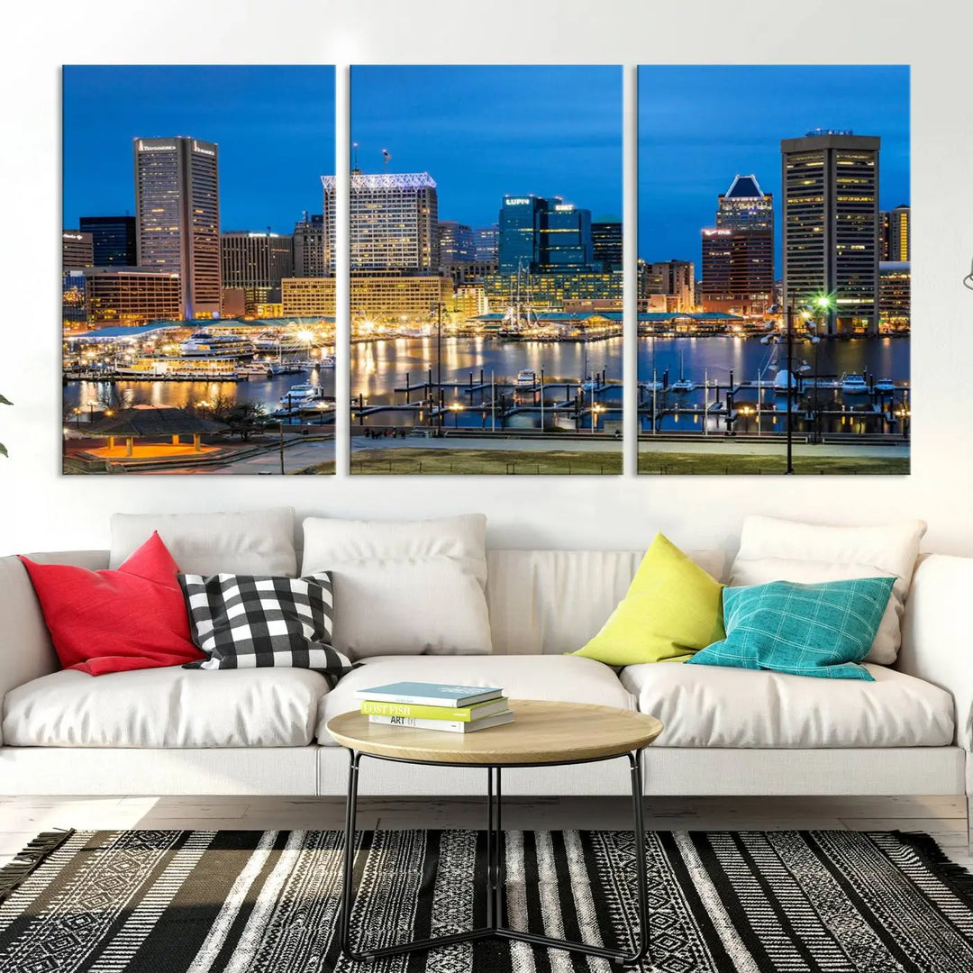 The "Baltimore City Lights Cityscape View Wall Art Canvas Print" graces the wall with its museum-quality craftsmanship and satin varnish. This masterpiece is ready to hang and brings an elegant touch to any space.