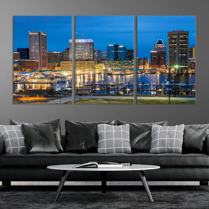 The "Baltimore City Lights Cityscape View Wall Art Canvas Print" graces the wall with its museum-quality craftsmanship and satin varnish. This masterpiece is ready to hang and brings an elegant touch to any space.