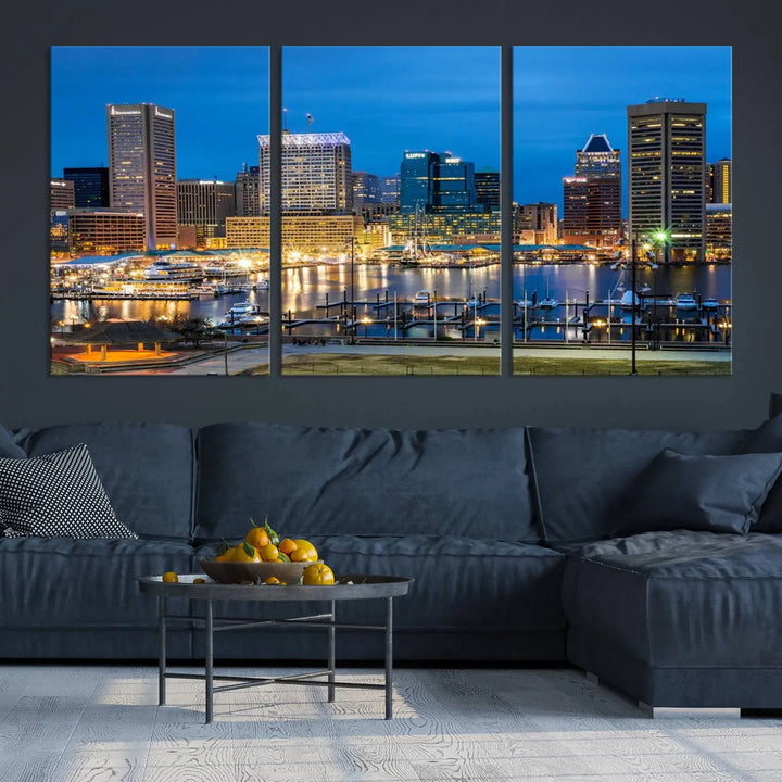 The "Baltimore City Lights Cityscape View Wall Art Canvas Print" graces the wall with its museum-quality craftsmanship and satin varnish. This masterpiece is ready to hang and brings an elegant touch to any space.