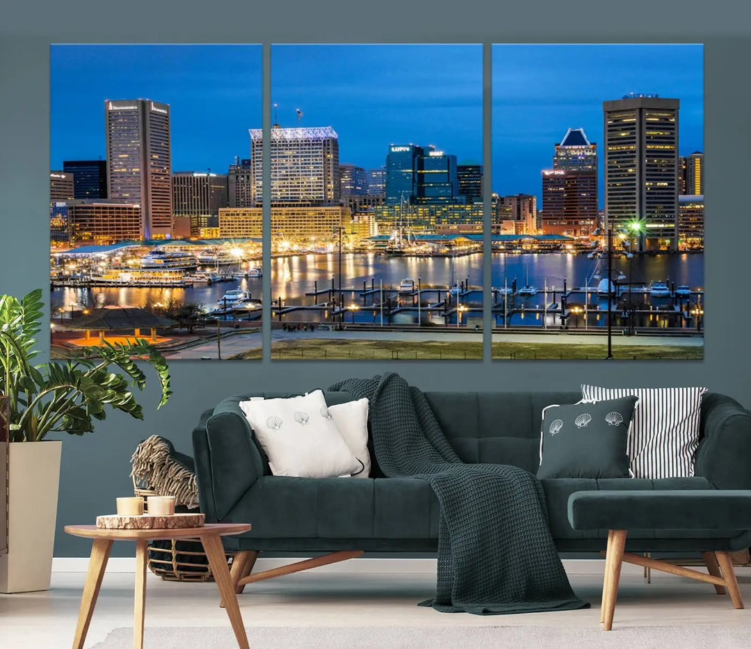 The "Baltimore City Lights Cityscape View Wall Art Canvas Print" graces the wall with its museum-quality craftsmanship and satin varnish. This masterpiece is ready to hang and brings an elegant touch to any space.