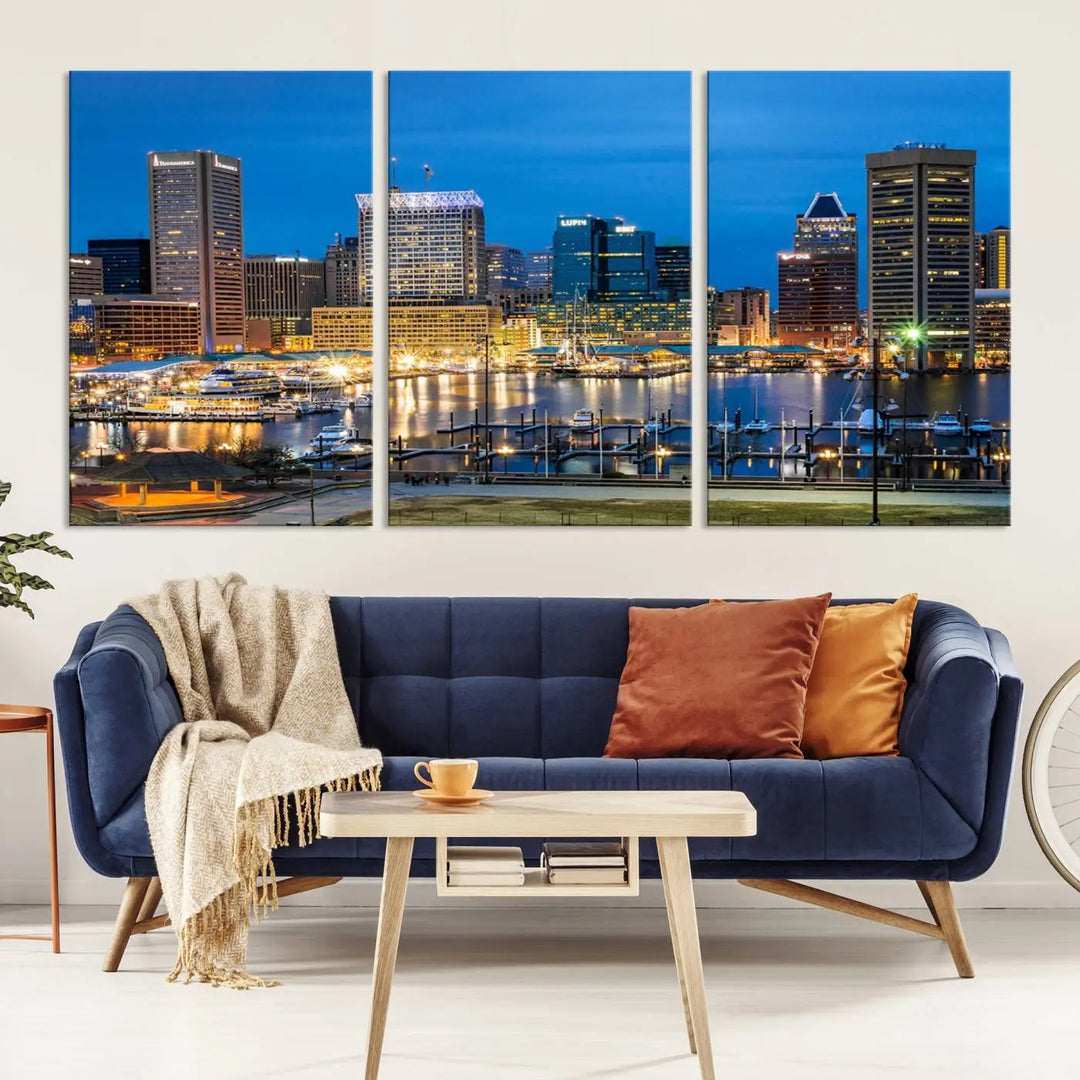 The "Baltimore City Lights Cityscape View Wall Art Canvas Print" graces the wall with its museum-quality craftsmanship and satin varnish. This masterpiece is ready to hang and brings an elegant touch to any space.