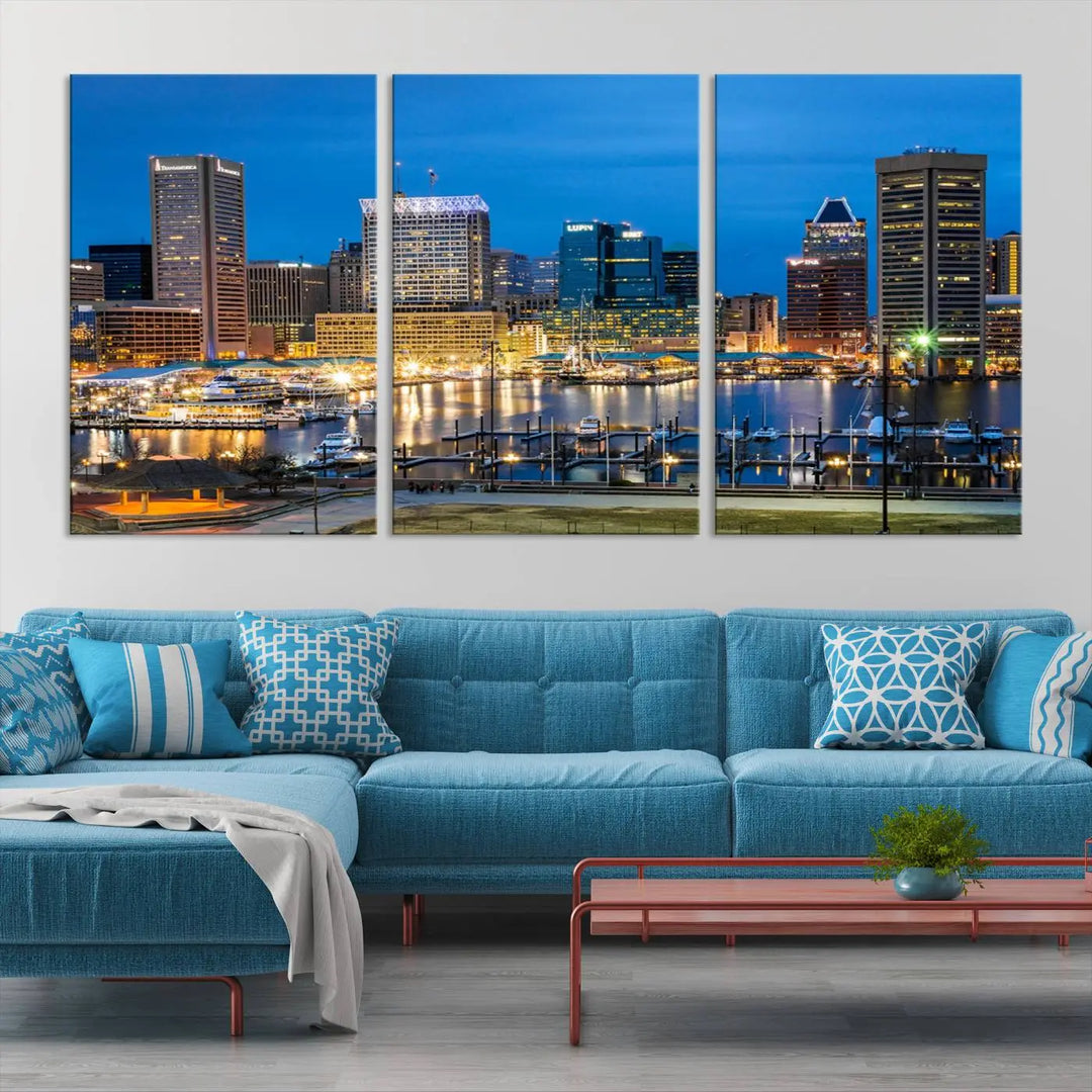 The "Baltimore City Lights Cityscape View Wall Art Canvas Print" graces the wall with its museum-quality craftsmanship and satin varnish. This masterpiece is ready to hang and brings an elegant touch to any space.