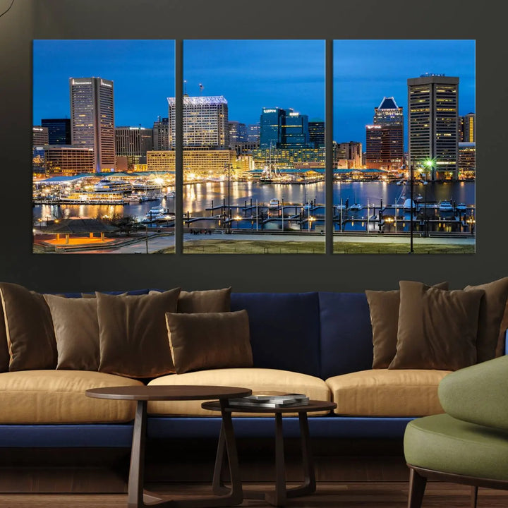 The "Baltimore City Lights Cityscape View Wall Art Canvas Print" graces the wall with its museum-quality craftsmanship and satin varnish. This masterpiece is ready to hang and brings an elegant touch to any space.