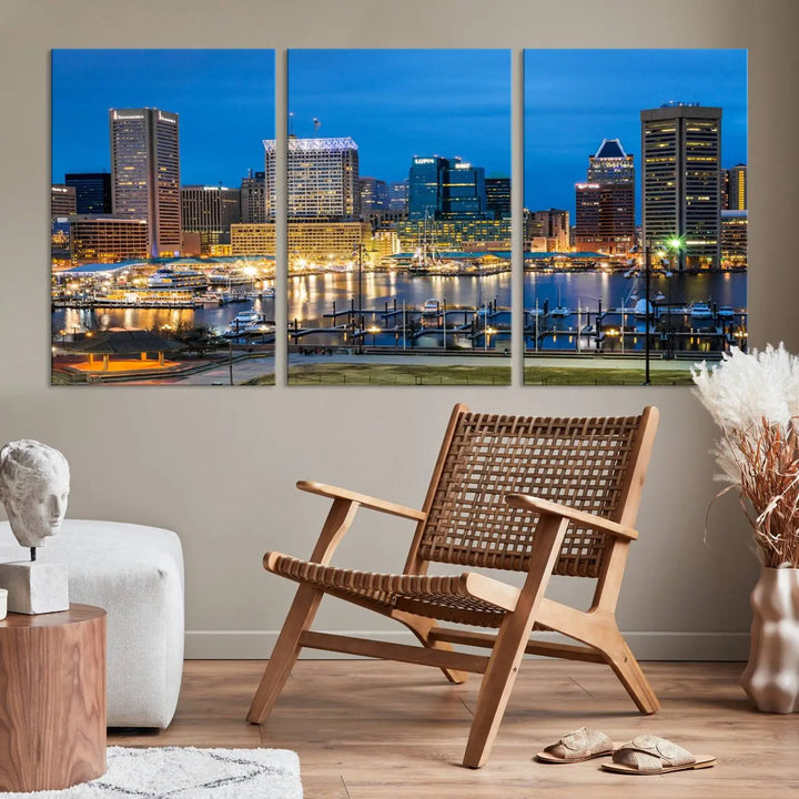 The "Baltimore City Lights Cityscape View Wall Art Canvas Print" graces the wall with its museum-quality craftsmanship and satin varnish. This masterpiece is ready to hang and brings an elegant touch to any space.