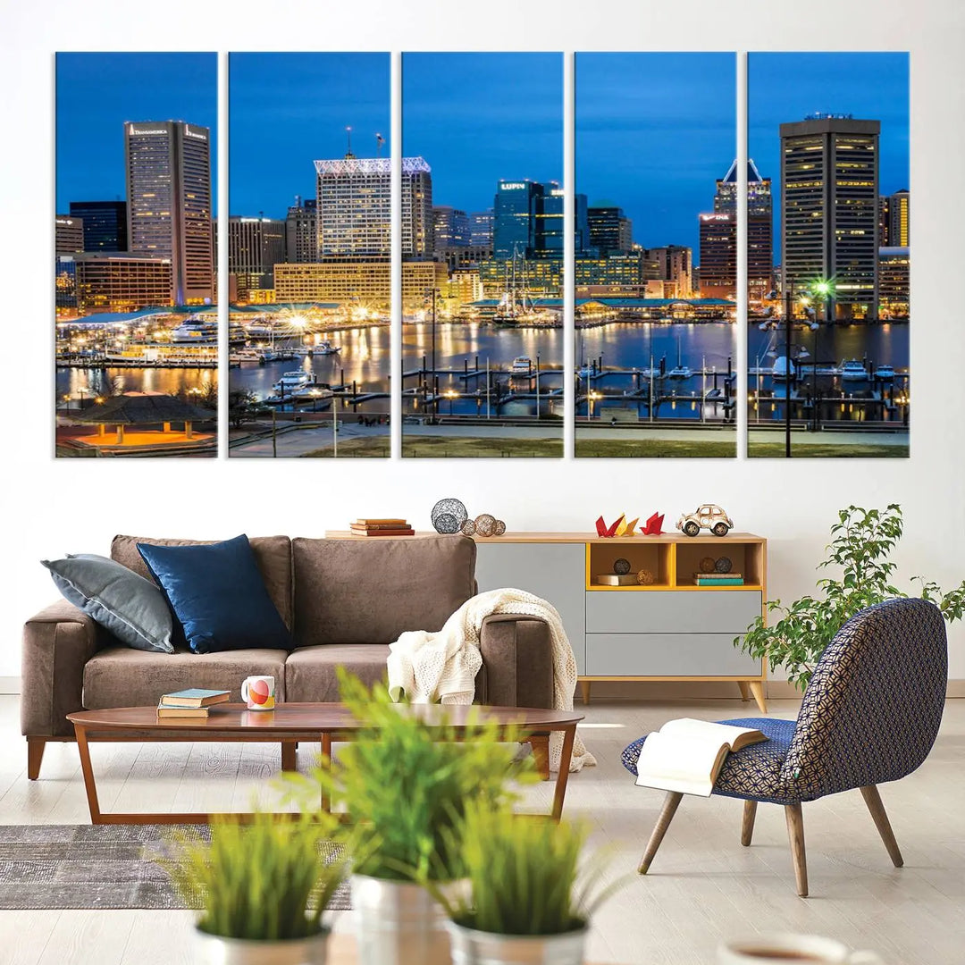 The "Baltimore City Lights Cityscape View Wall Art Canvas Print" graces the wall with its museum-quality craftsmanship and satin varnish. This masterpiece is ready to hang and brings an elegant touch to any space.