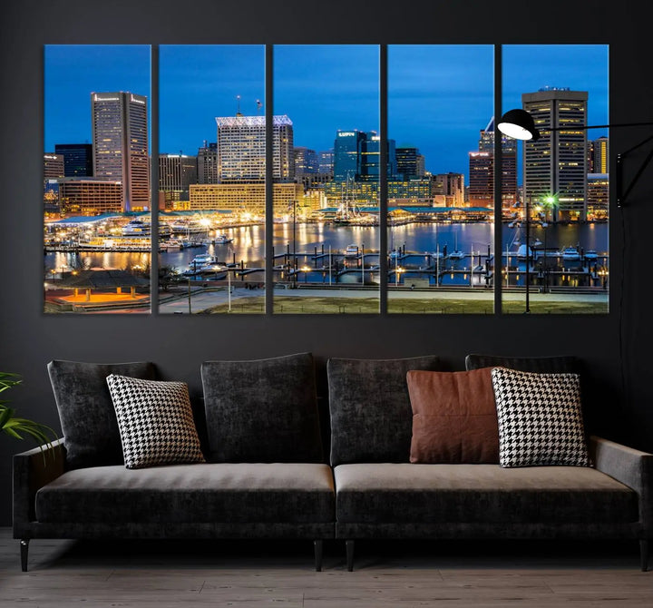 The "Baltimore City Lights Cityscape View Wall Art Canvas Print" graces the wall with its museum-quality craftsmanship and satin varnish. This masterpiece is ready to hang and brings an elegant touch to any space.