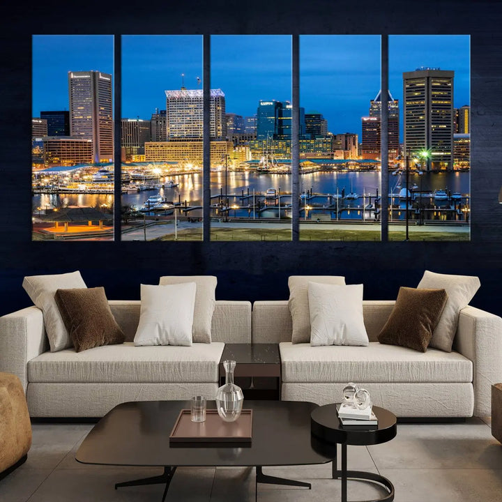 The "Baltimore City Lights Cityscape View Wall Art Canvas Print" graces the wall with its museum-quality craftsmanship and satin varnish. This masterpiece is ready to hang and brings an elegant touch to any space.