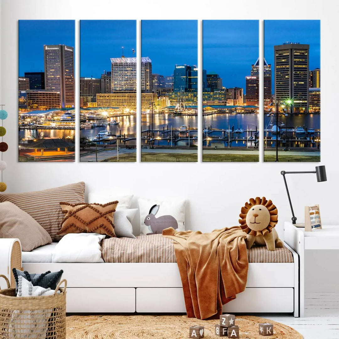 The "Baltimore City Lights Cityscape View Wall Art Canvas Print" graces the wall with its museum-quality craftsmanship and satin varnish. This masterpiece is ready to hang and brings an elegant touch to any space.