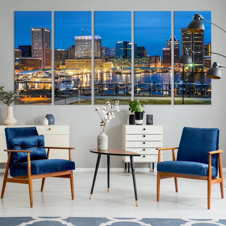 The "Baltimore City Lights Cityscape View Wall Art Canvas Print" graces the wall with its museum-quality craftsmanship and satin varnish. This masterpiece is ready to hang and brings an elegant touch to any space.