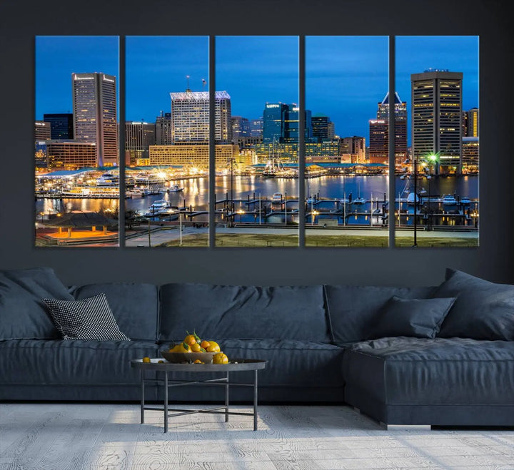 The "Baltimore City Lights Cityscape View Wall Art Canvas Print" graces the wall with its museum-quality craftsmanship and satin varnish. This masterpiece is ready to hang and brings an elegant touch to any space.