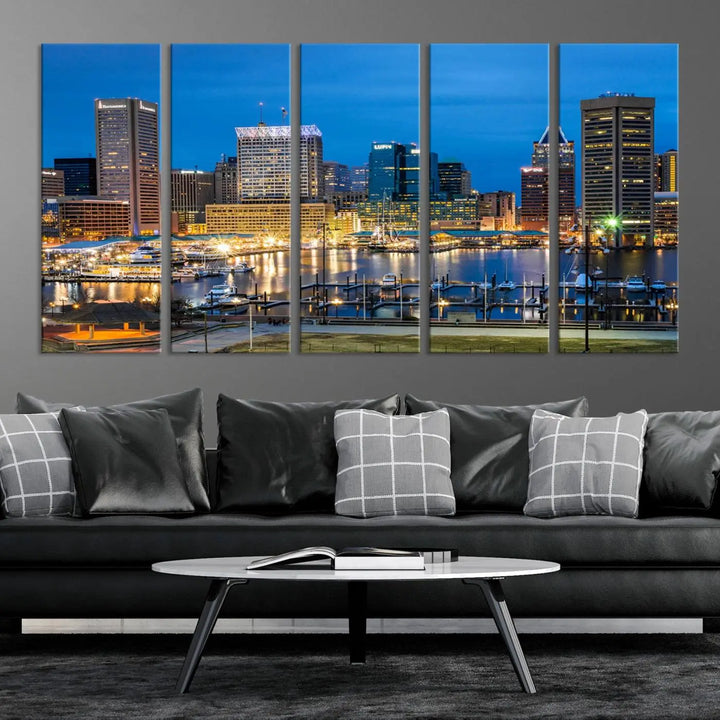 The "Baltimore City Lights Cityscape View Wall Art Canvas Print" graces the wall with its museum-quality craftsmanship and satin varnish. This masterpiece is ready to hang and brings an elegant touch to any space.