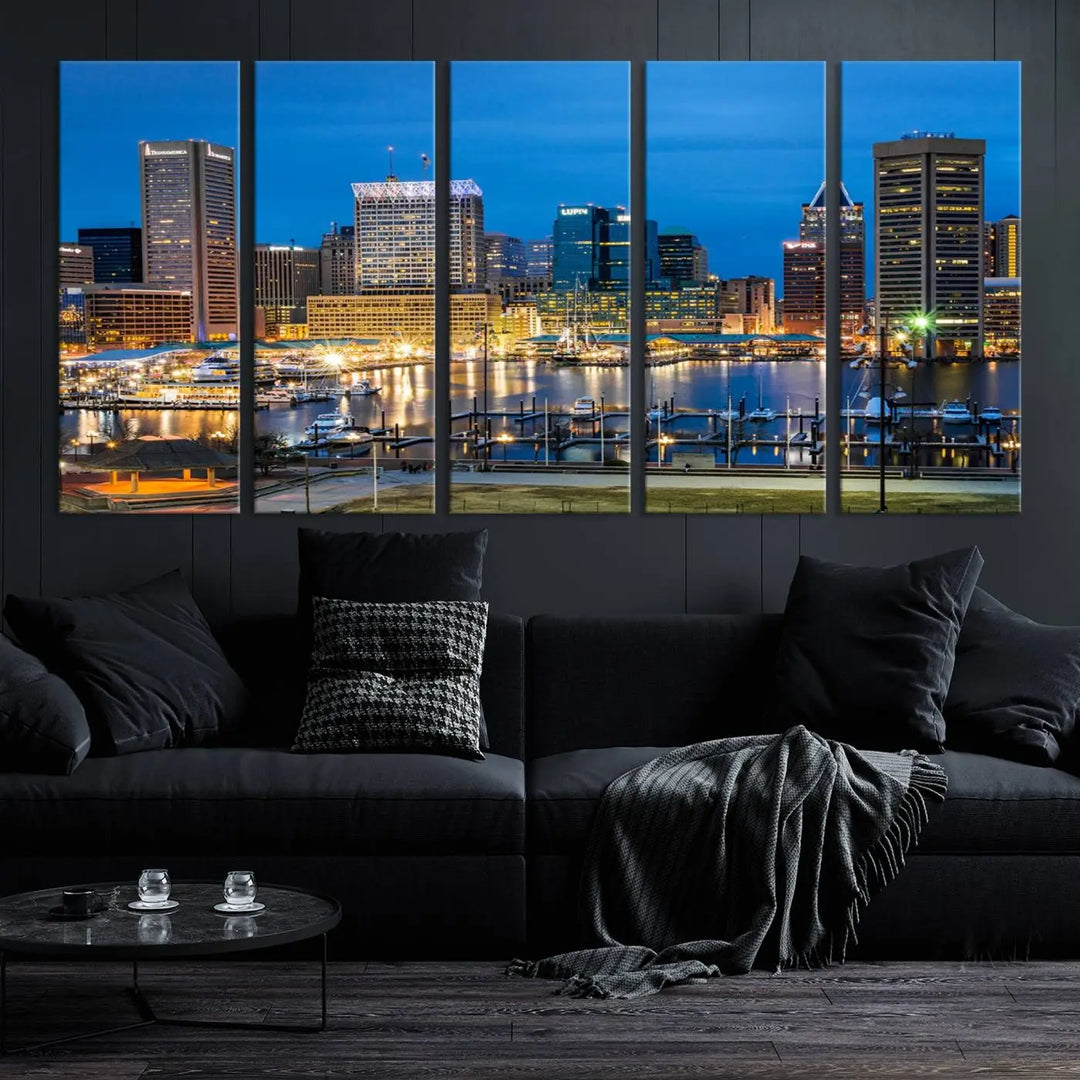 The "Baltimore City Lights Cityscape View Wall Art Canvas Print" graces the wall with its museum-quality craftsmanship and satin varnish. This masterpiece is ready to hang and brings an elegant touch to any space.