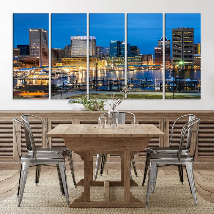 The "Baltimore City Lights Cityscape View Wall Art Canvas Print" graces the wall with its museum-quality craftsmanship and satin varnish. This masterpiece is ready to hang and brings an elegant touch to any space.