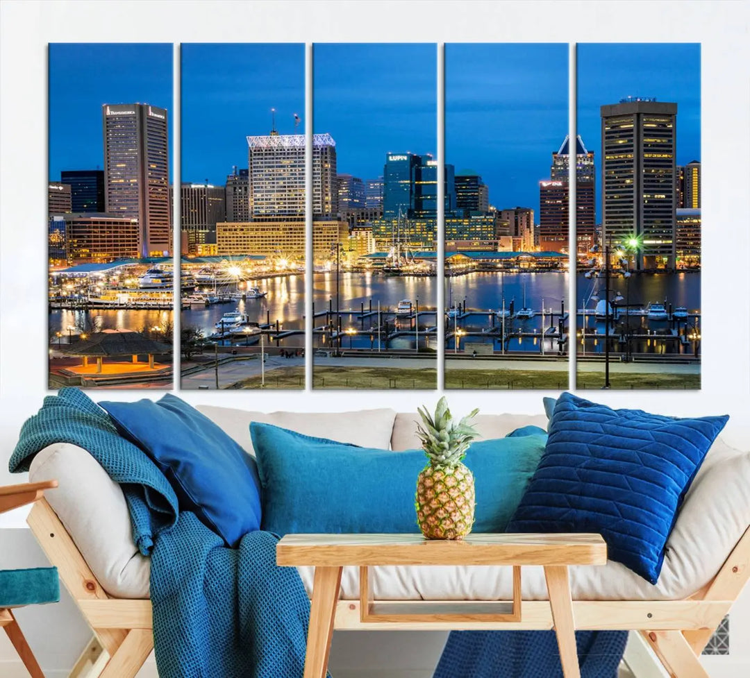 The "Baltimore City Lights Cityscape View Wall Art Canvas Print" graces the wall with its museum-quality craftsmanship and satin varnish. This masterpiece is ready to hang and brings an elegant touch to any space.