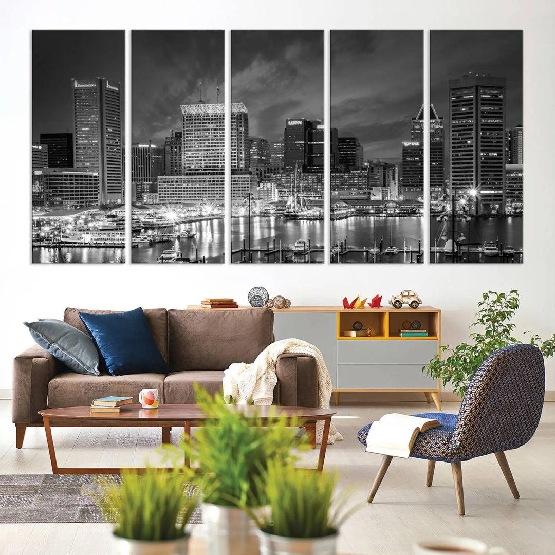 Baltimore City Lights Cloudy Skyline Black and White Wall Art Cityscape Canvas Print on display.