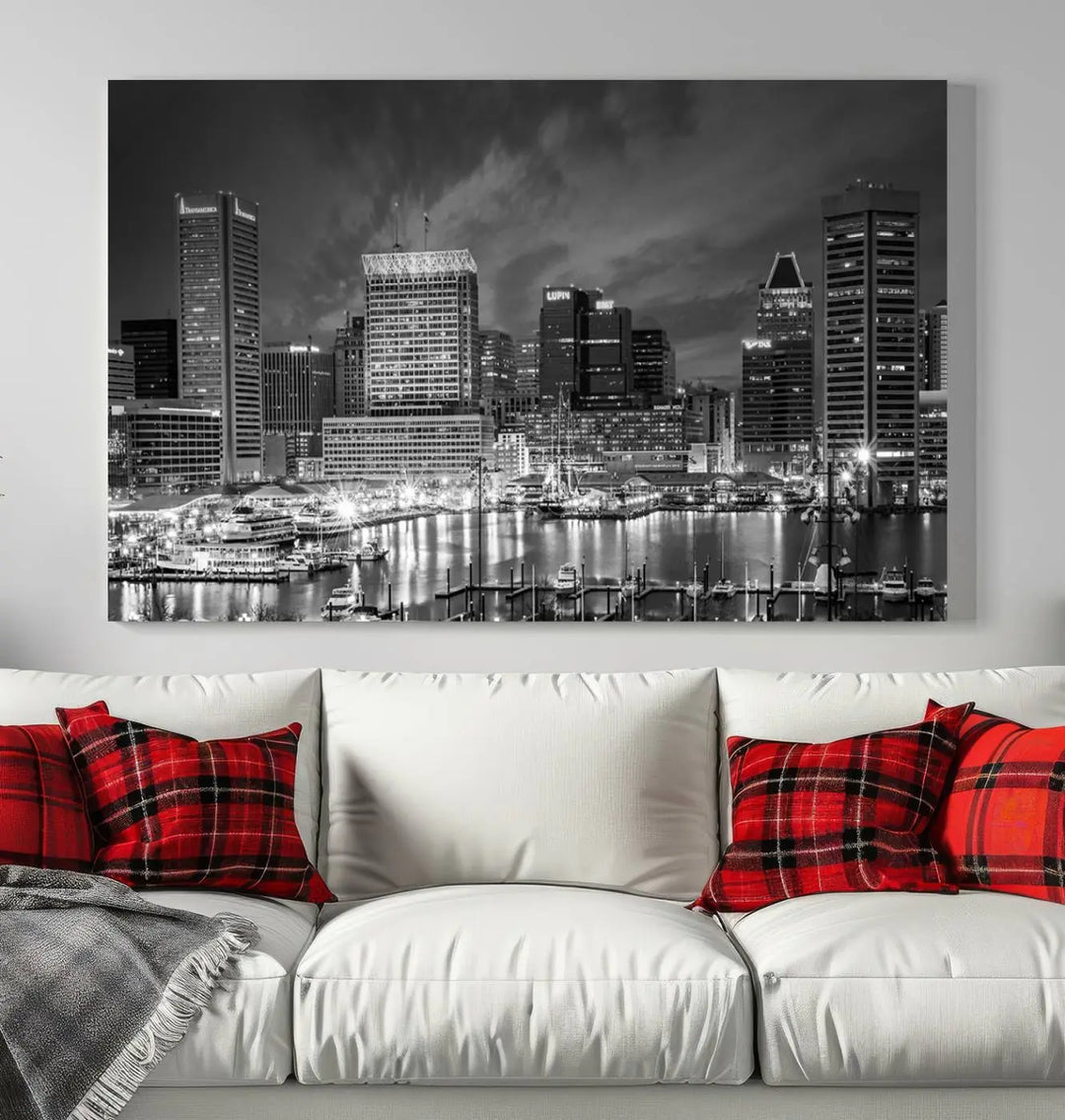 Baltimore City Lights Cloudy Skyline Black and White Wall Art Cityscape Canvas Print on display.