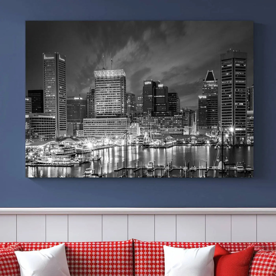 Baltimore City Lights Cloudy Skyline Black and White Wall Art Cityscape Canvas Print on display.