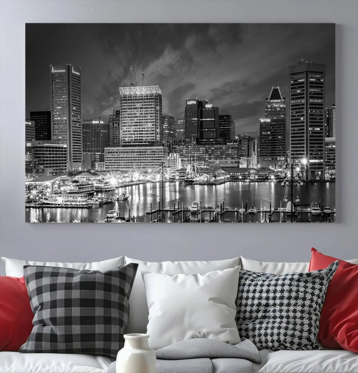 Baltimore City Lights Cloudy Skyline Black and White Wall Art Cityscape Canvas Print on display.