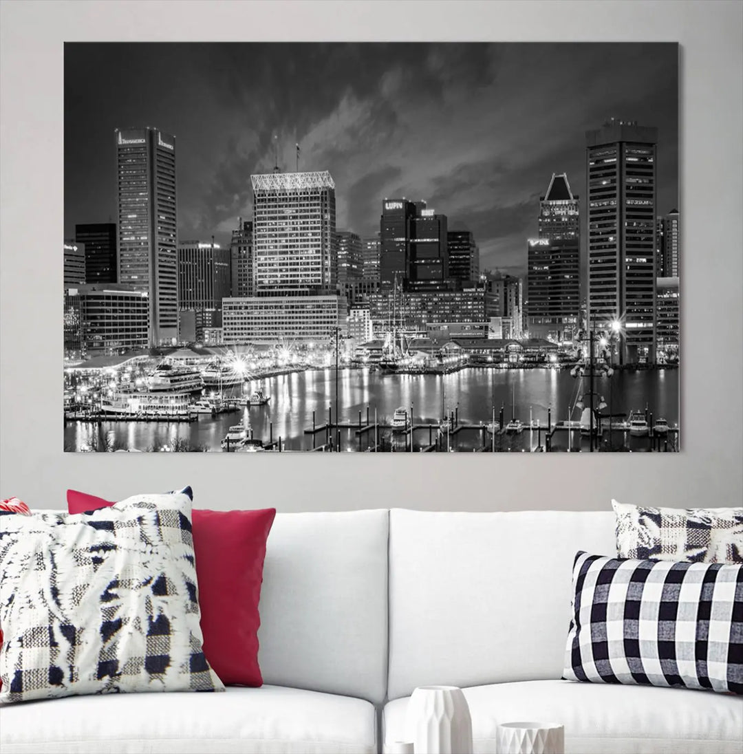 Baltimore City Lights Cloudy Skyline Black and White Wall Art Cityscape Canvas Print on display.