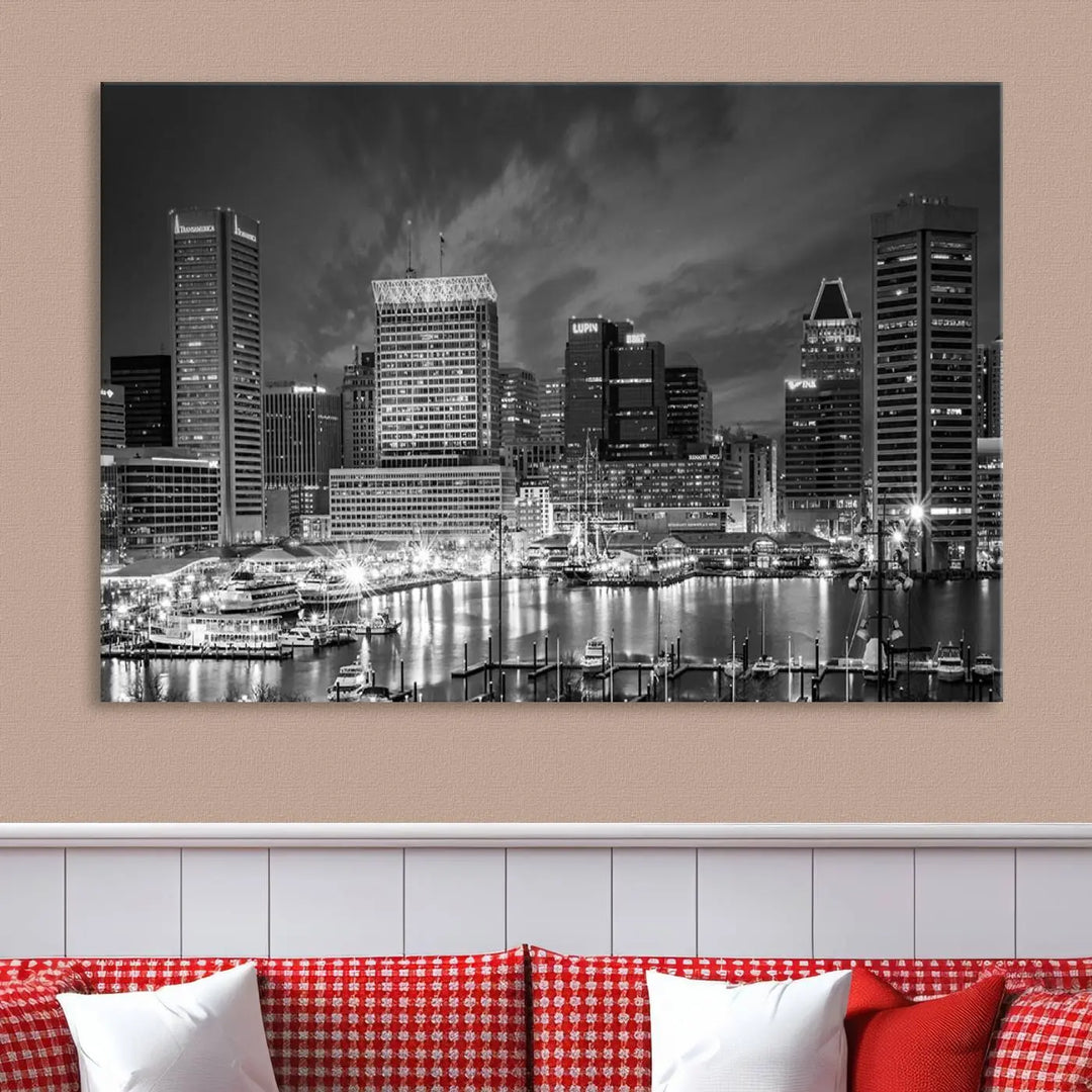 Baltimore City Lights Cloudy Skyline Black and White Wall Art Cityscape Canvas Print on display.