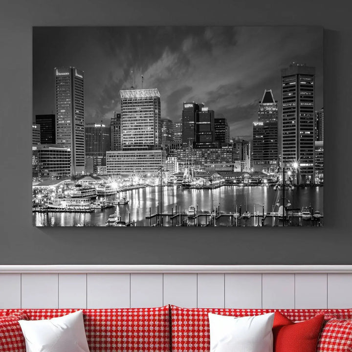 Baltimore City Lights Cloudy Skyline Black and White Wall Art Cityscape Canvas Print on display.