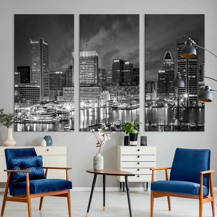 Baltimore City Lights Cloudy Skyline Black and White Wall Art Cityscape Canvas Print on display.