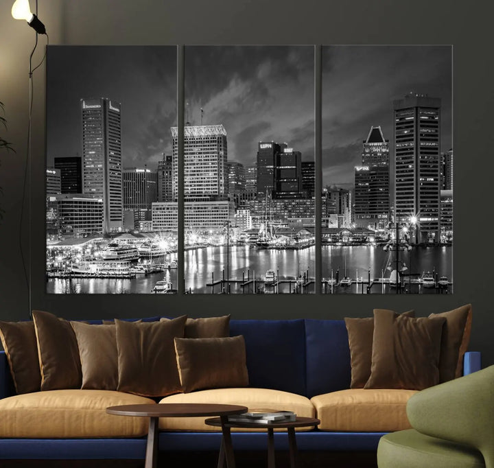 Baltimore City Lights Cloudy Skyline Black and White Wall Art Cityscape Canvas Print on display.