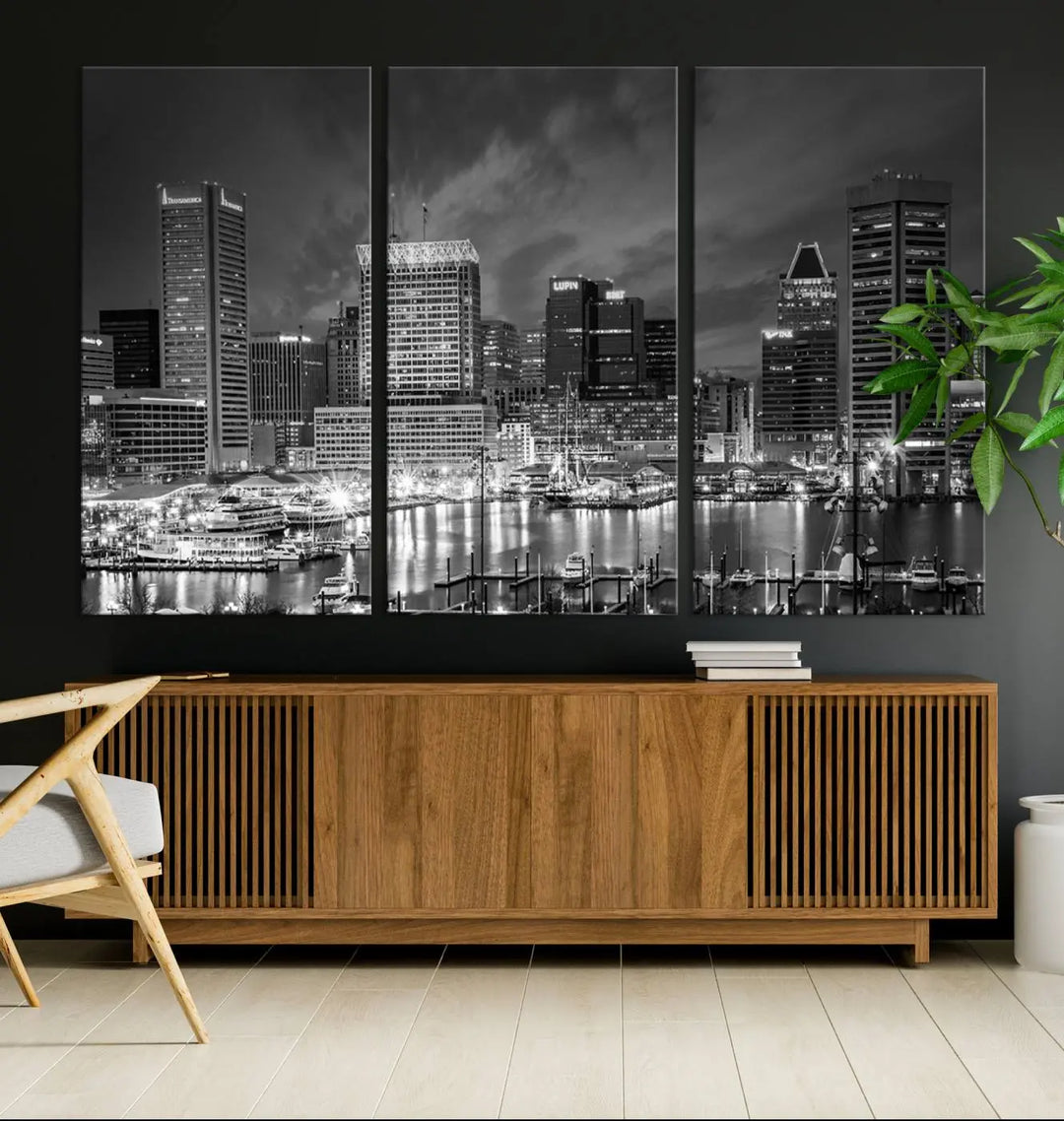 Baltimore City Lights Cloudy Skyline Black and White Wall Art Cityscape Canvas Print on display.