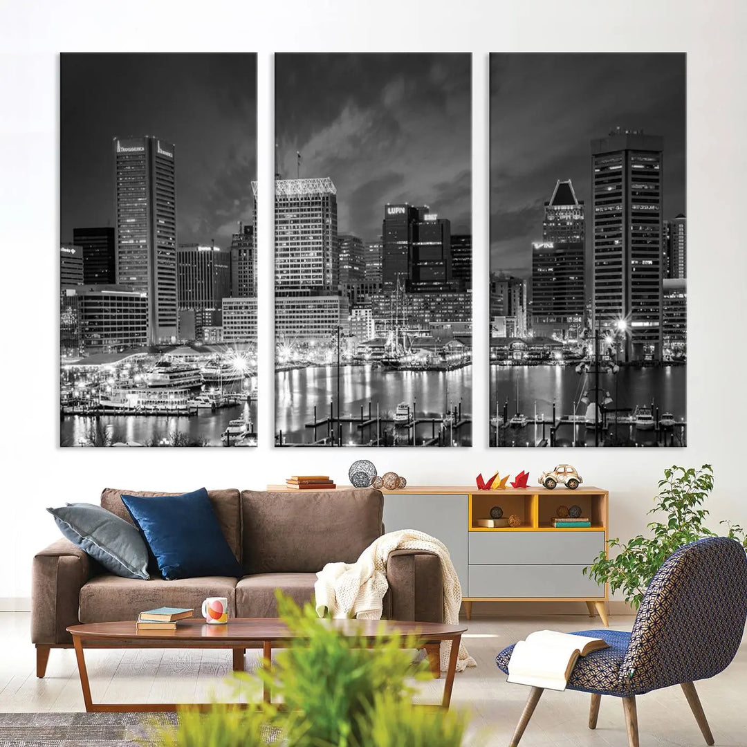 Baltimore City Lights Cloudy Skyline Black and White Wall Art Cityscape Canvas Print on display.