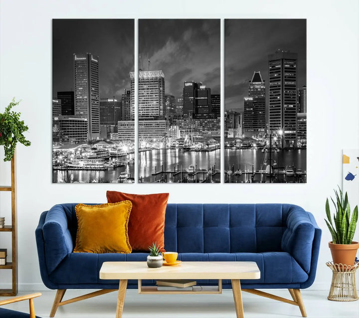 Baltimore City Lights Cloudy Skyline Black and White Wall Art Cityscape Canvas Print on display.