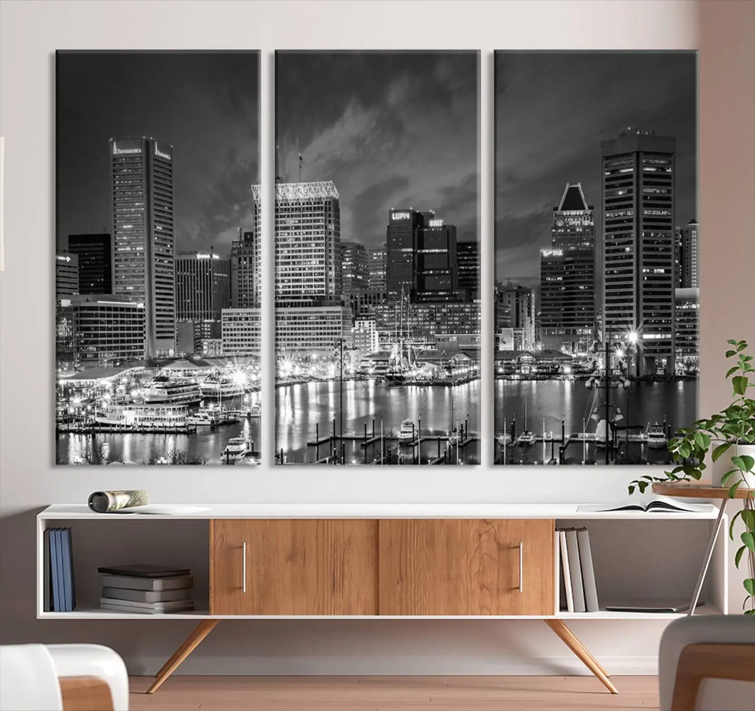 Baltimore City Lights Cloudy Skyline Black and White Wall Art Cityscape Canvas Print on display.