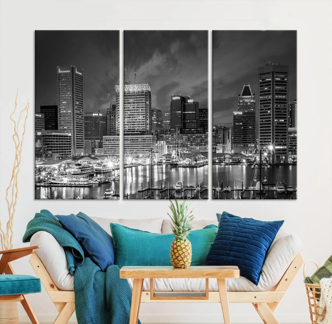 Baltimore City Lights Cloudy Skyline Black and White Wall Art Cityscape Canvas Print on display.