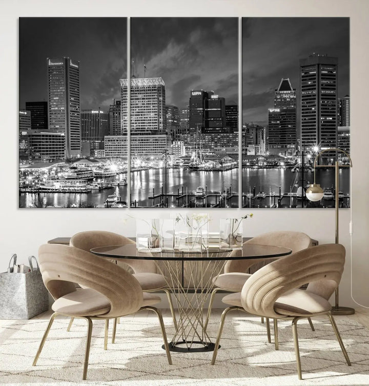 Baltimore City Lights Cloudy Skyline Black and White Wall Art Cityscape Canvas Print on display.