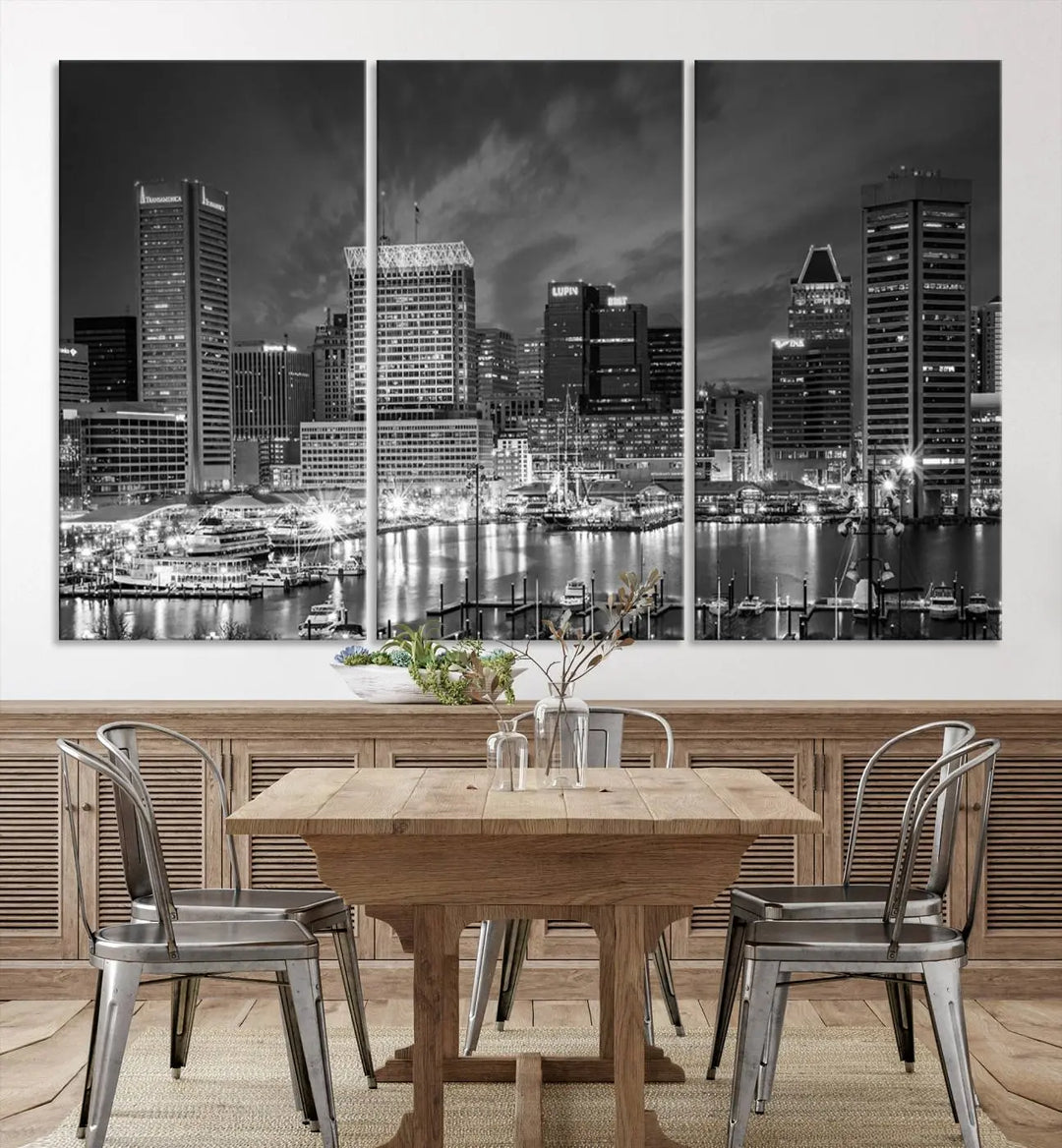 Baltimore City Lights Cloudy Skyline Black and White Wall Art Cityscape Canvas Print on display.