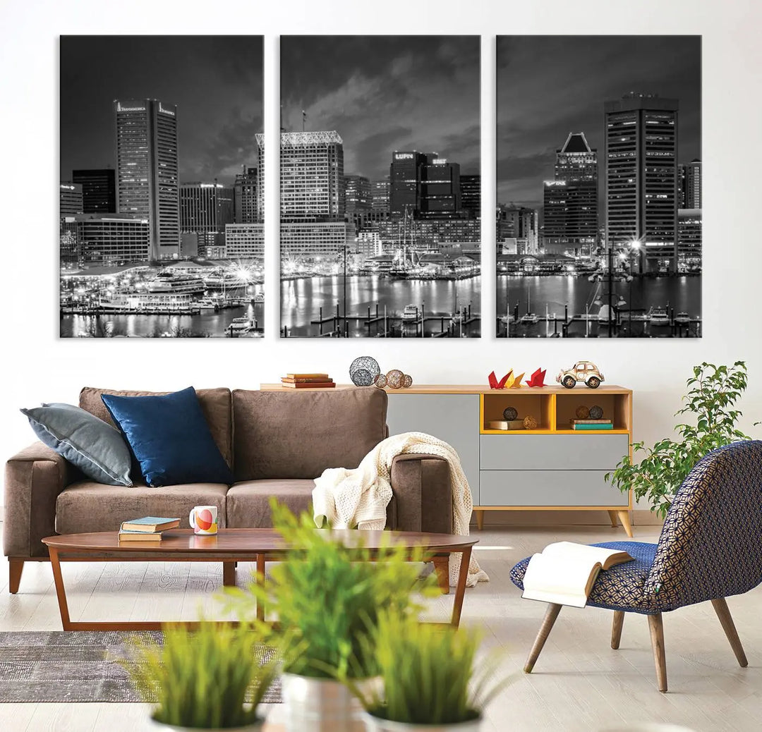 Baltimore City Lights Cloudy Skyline Black and White Wall Art Cityscape Canvas Print on display.