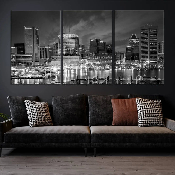 Baltimore City Lights Cloudy Skyline Black and White Wall Art Cityscape Canvas Print on display.