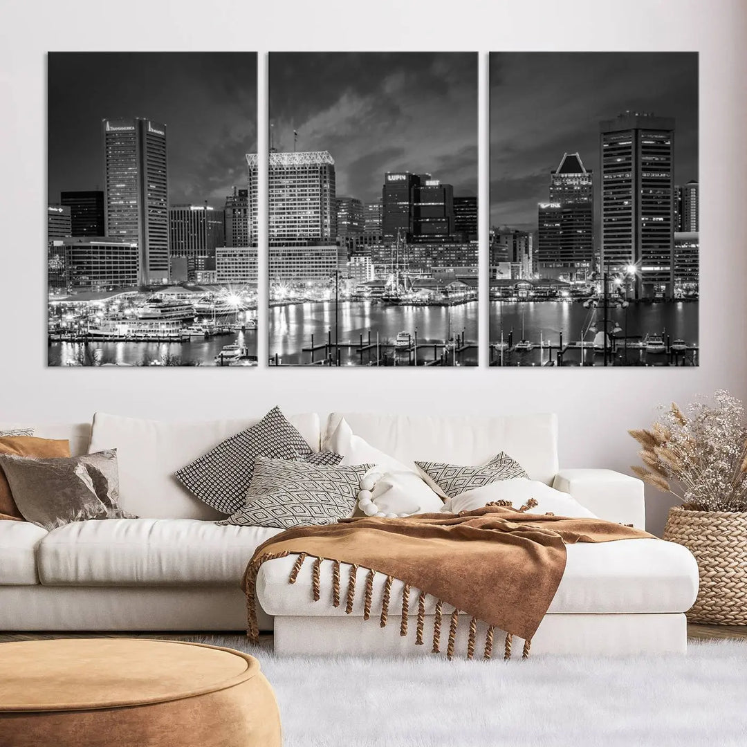 Baltimore City Lights Cloudy Skyline Black and White Wall Art Cityscape Canvas Print on display.