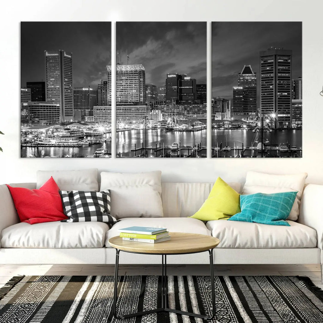 Baltimore City Lights Cloudy Skyline Black and White Wall Art Cityscape Canvas Print on display.