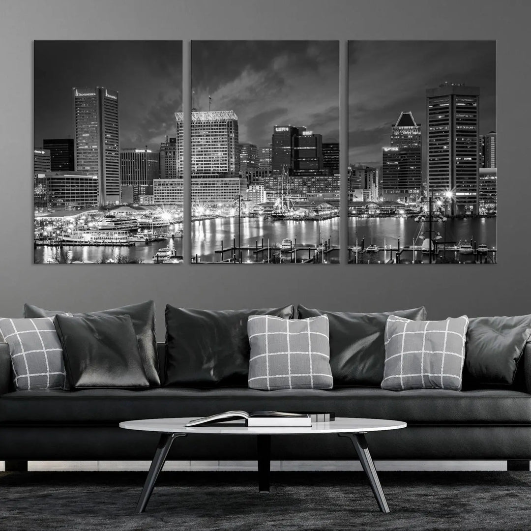 Baltimore City Lights Cloudy Skyline Black and White Wall Art Cityscape Canvas Print on display.