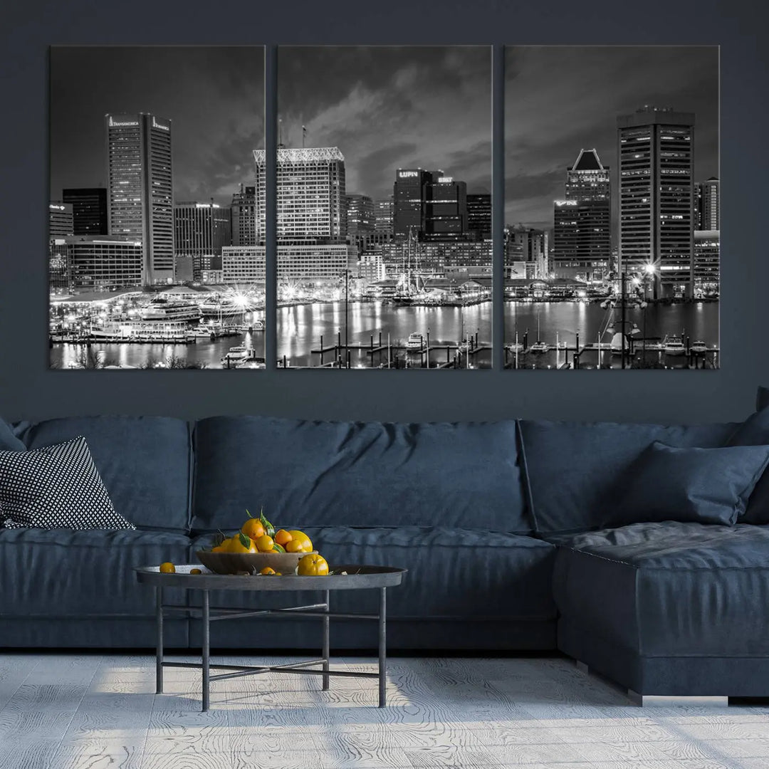 Baltimore City Lights Cloudy Skyline Black and White Wall Art Cityscape Canvas Print on display.