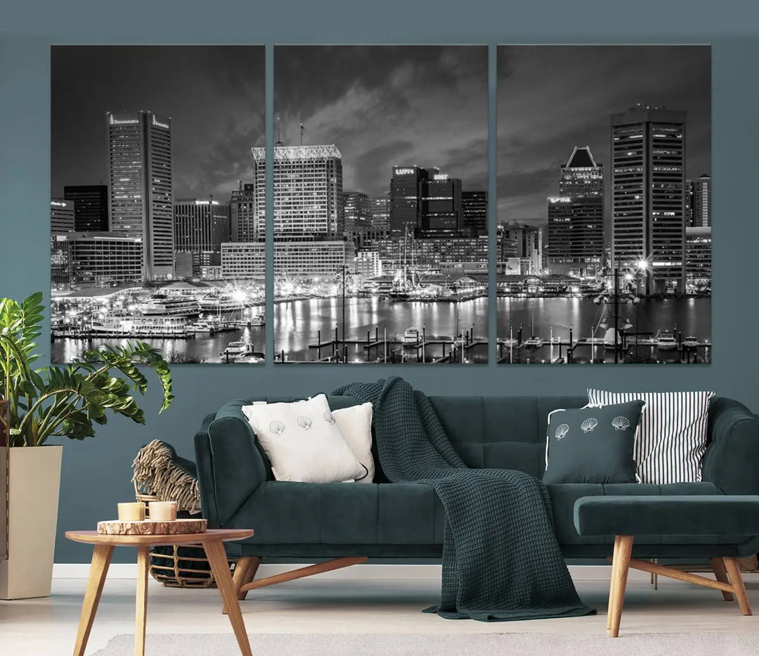 Baltimore City Lights Cloudy Skyline Black and White Wall Art Cityscape Canvas Print on display.