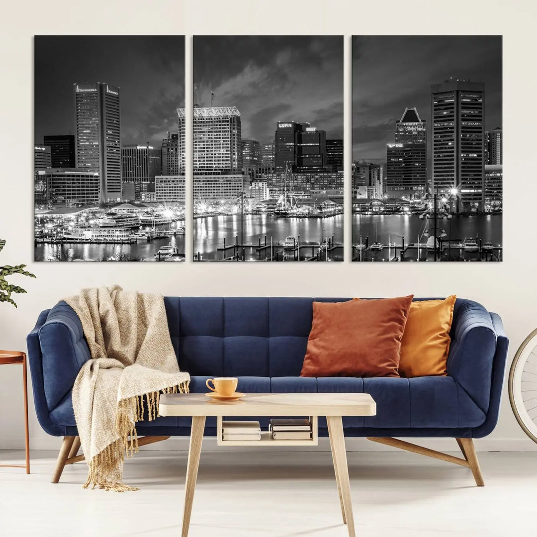 Baltimore City Lights Cloudy Skyline Black and White Wall Art Cityscape Canvas Print on display.