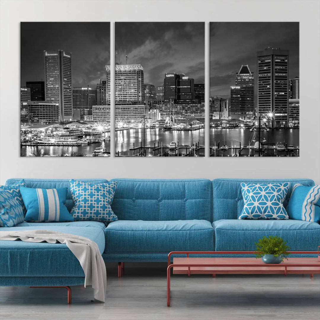 Baltimore City Lights Cloudy Skyline Black and White Wall Art Cityscape Canvas Print on display.