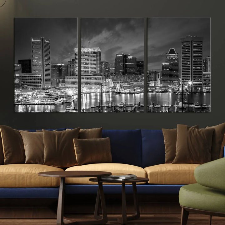 Baltimore City Lights Cloudy Skyline Black and White Wall Art Cityscape Canvas Print on display.