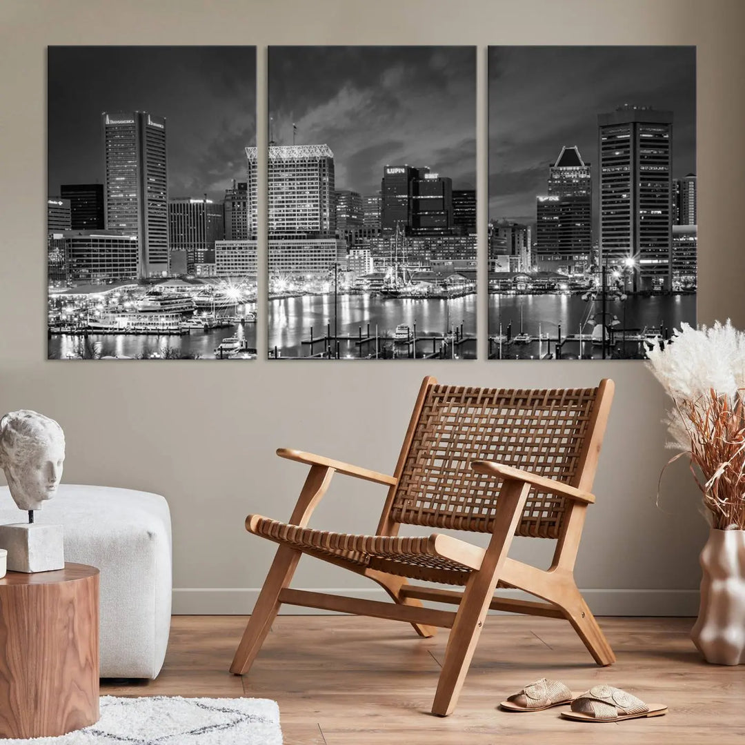 Baltimore City Lights Cloudy Skyline Black and White Wall Art Cityscape Canvas Print on display.